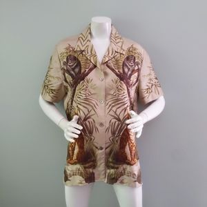 Vtg 90s Carlisle Monkey Leopard Tiger Animal Jungle Safari Print Silk Blouse 14